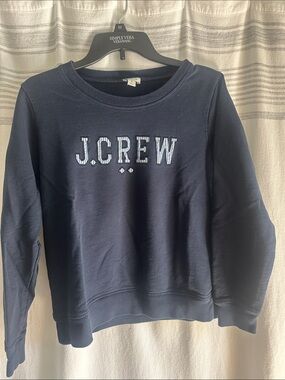 J. Crew Navy Crewneck Sweatshirt with Stripe-Pattern Logo